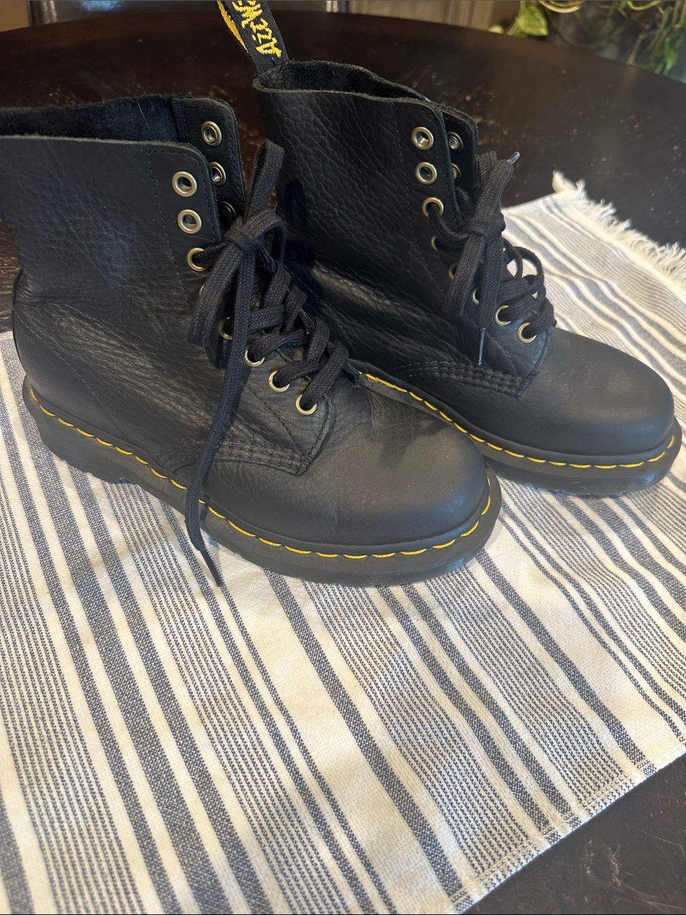 Dr. Martens Black Leather 8-Eye Boots with Yellow Stitching - Picture 1 of 11